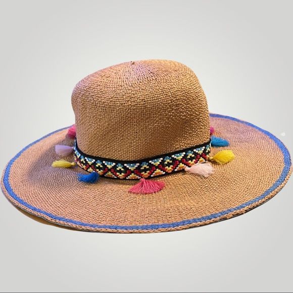 Floppy Hat Embroidered Band / Leather Tie / Tassels / UPF50 - Picture 1 of 7
